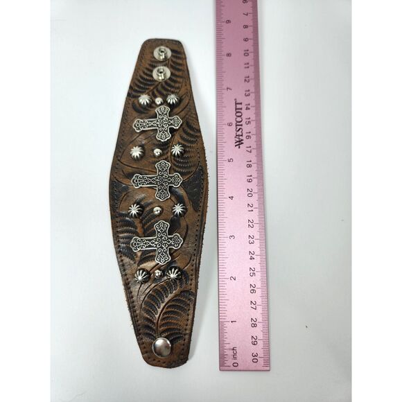 American West Tooled Leather Cross Cuff Bracelet Brown Silver Studded Boho - Picture 6 of 7